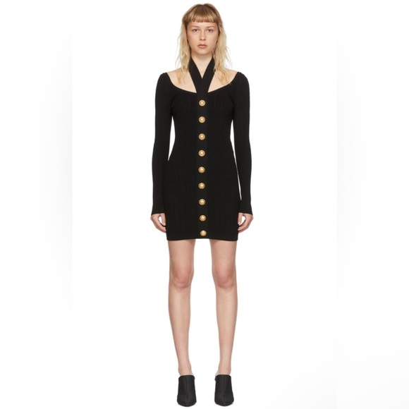 BALMAIN Halter Strap Viscose Button Mini Dress Black size42 Original Price $2250 - Picture 1 of 11